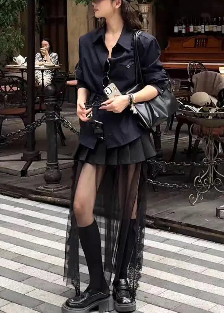 Striped Navy Sashes Shirts and Black Tulle Pleated Skirts Two Pieces Set Fall