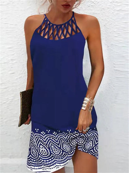 A Line Dress Knee Length Dress Leopard Black Blue Wine Dark Blue Sleeveless Print Print Summer Halter Neck