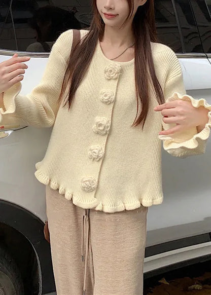 Beige Cozy Knit Sweater O Neck Flare Sleeve