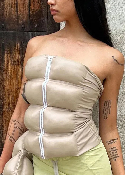 Khaki Cold Shoulder Zipper Strapless Vest