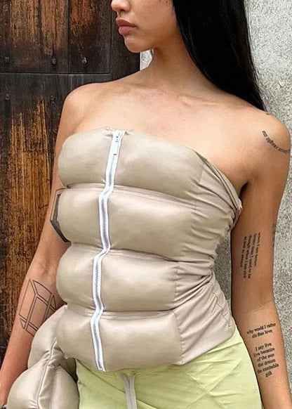 Khaki Cold Shoulder Zipper Strapless Vest
