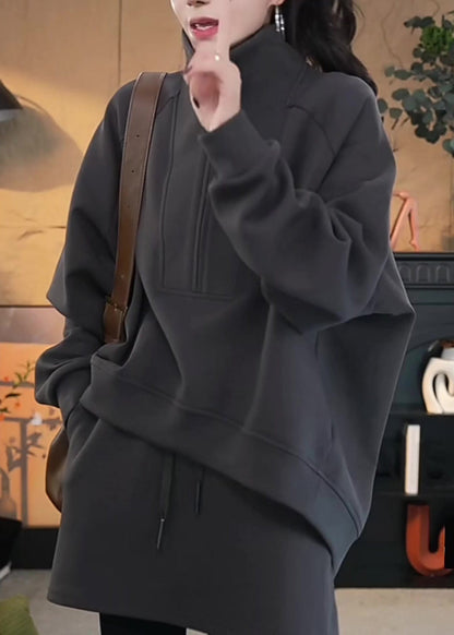 Loose Dark Gray Zippered Sweatshirt and Skirts Cotton Two Pieces Set Fall