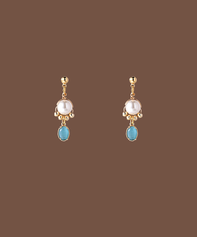 Original Gold Copper Alloy Cat Eye Stone Pearl Tassel Drop Earrings