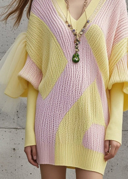 Diy Colorblock V Neck Patchwork Tulle Sweater Dress Fall