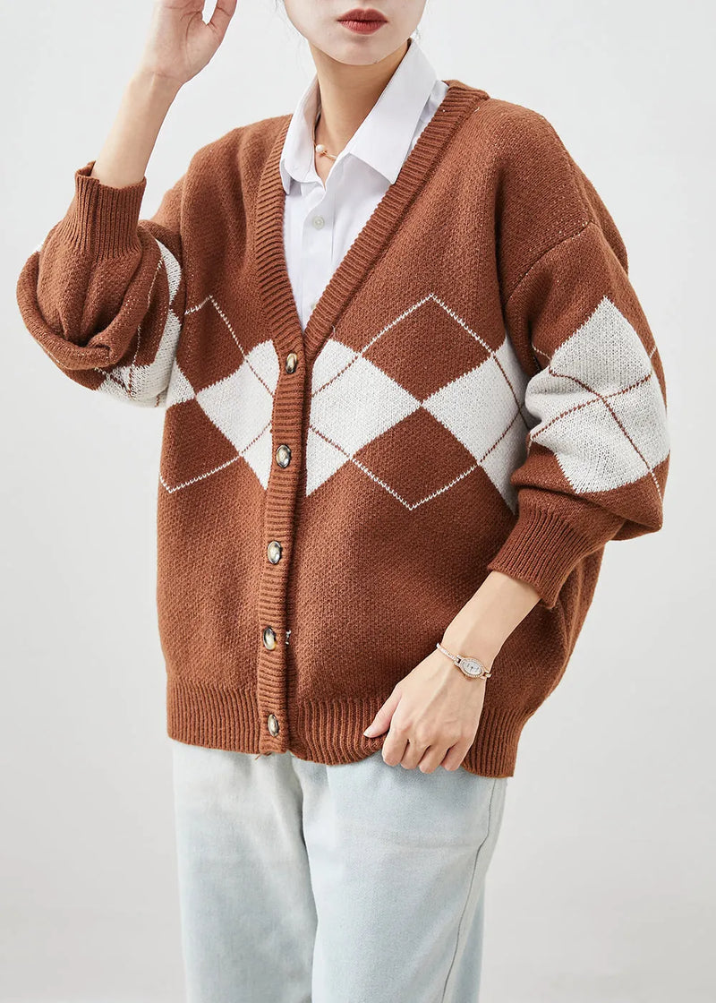 Diy Khaki Oversized Print Knit Cardigan Winter