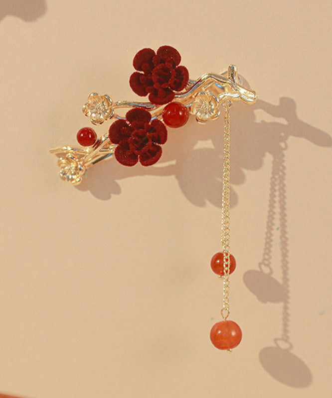 Red Copper Alloy Plum Blossom Tassel Hairpin