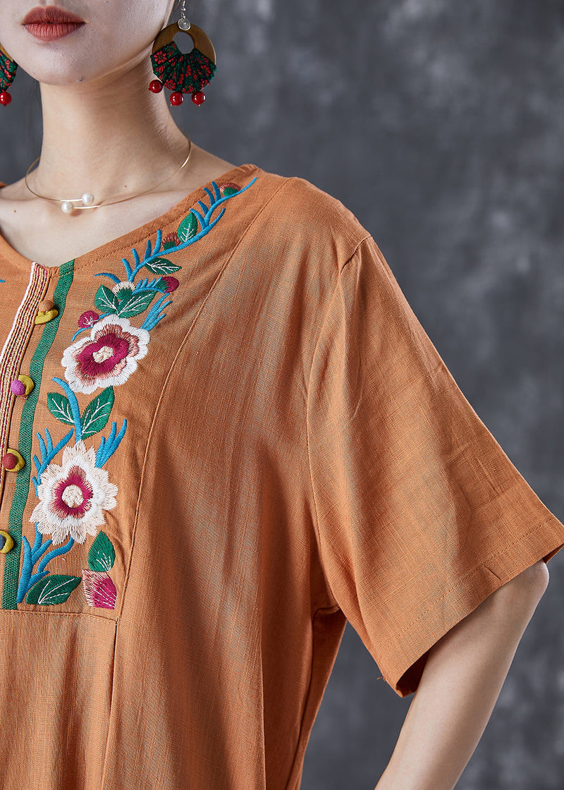 Khaki Embroidered Linen Maxi Dress Summer