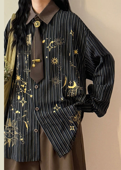 Striped Black Peter Pan Collar Print Button Cotton Blouse Spring