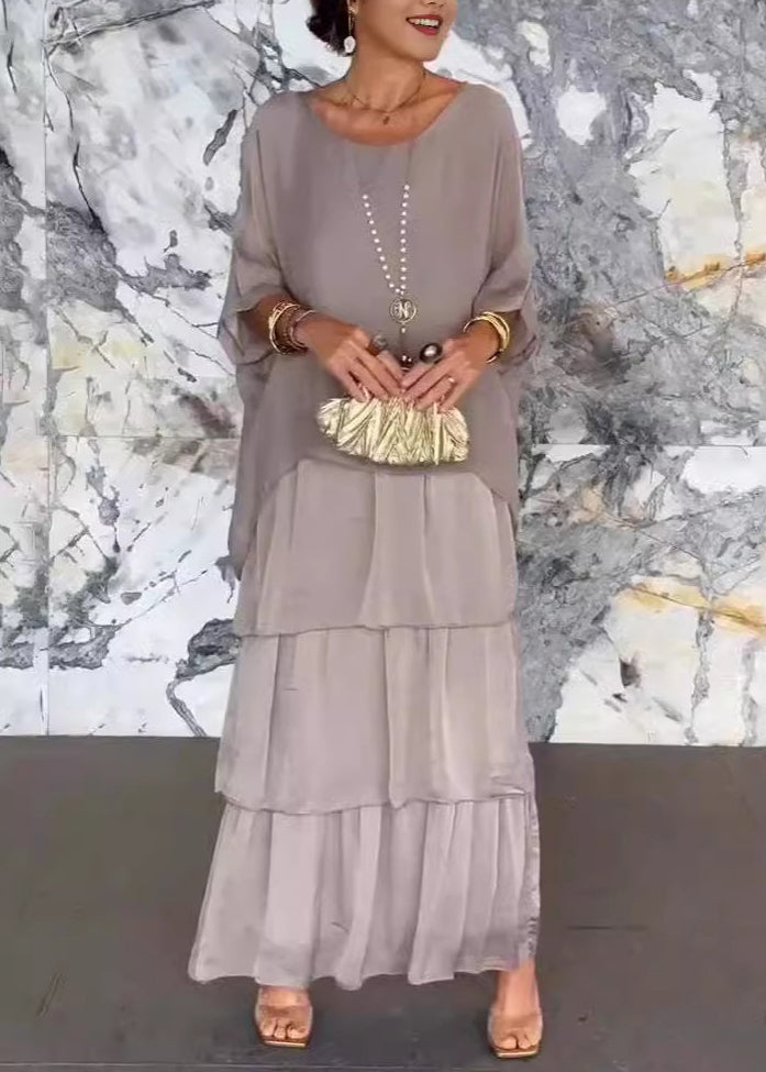 French Grey O Neck Chiffon Dresses Batwing Sleeve