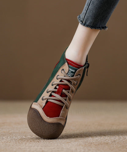 Red Cowhide Leather Splicing Lace Up Boots