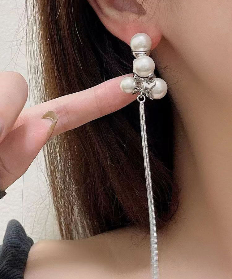 Silk Sterling Silver Alloy Pearl Tassel Drop Earrings