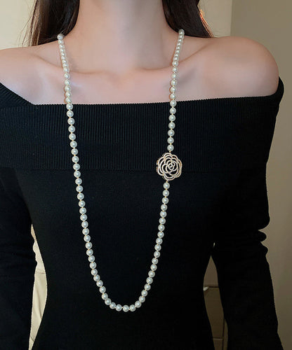 Simple White Copper Zircon Pearl Camellia Sweaters Pendant Necklace
