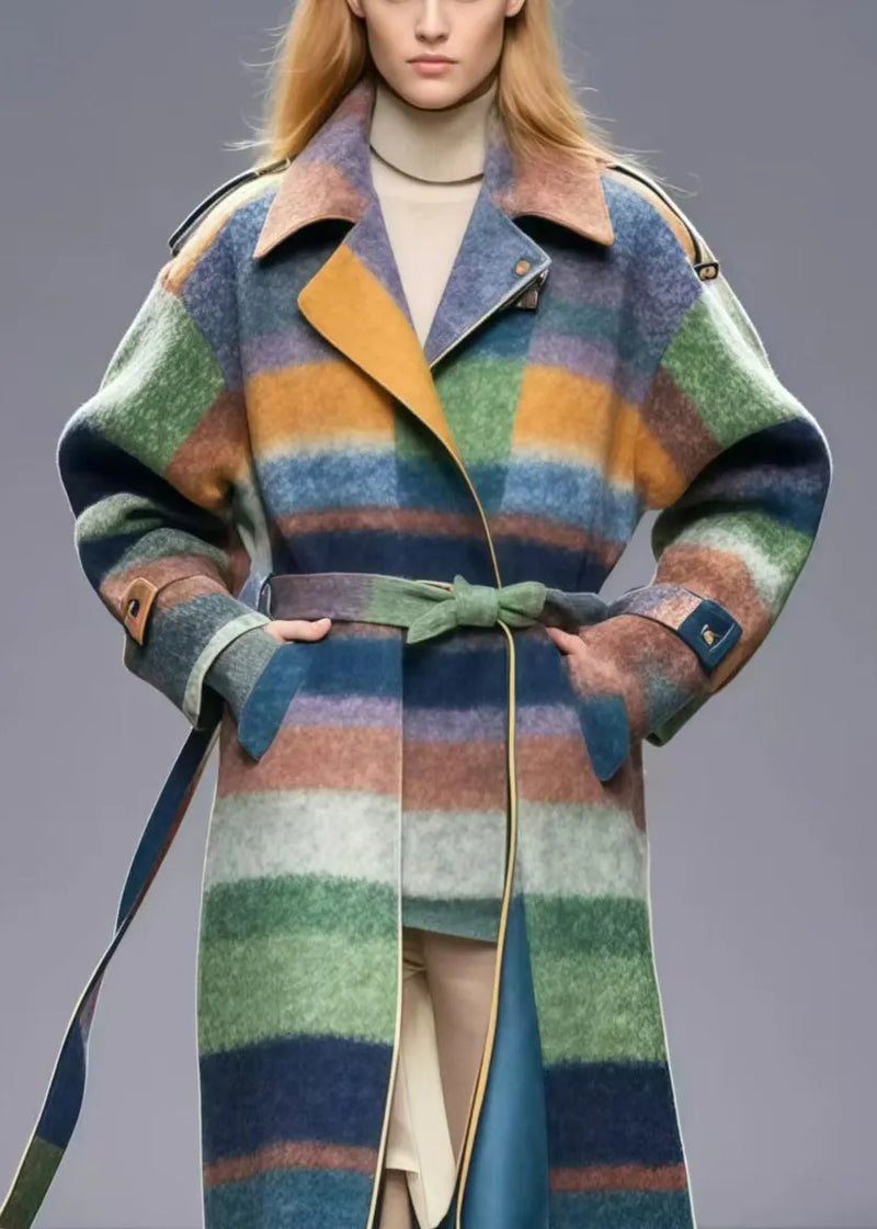 Multicolor Tie Waist Striped Woolen Coat Fall