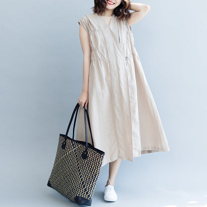 Burgundy Cotton Linen Knee Dress Cotton Linen Clothing Dresses New Sleeveless Cinched V Neck Baggy Dresses