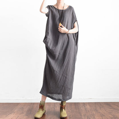 Gray Oversized Summer Linen Dresses Side Drape Asymmetrical Cotton