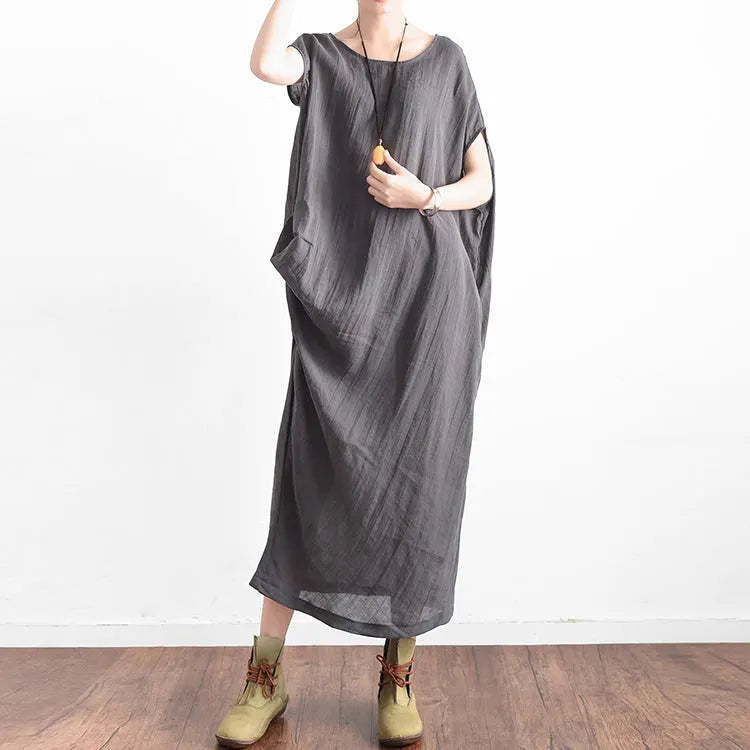 Gray Oversized Summer Linen Dresses Side Drape Asymmetrical Cotton