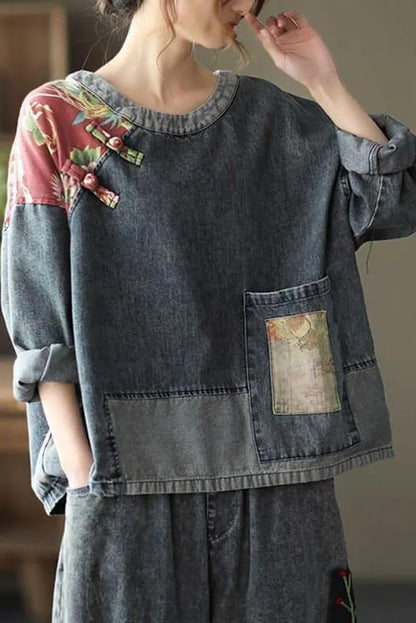 Retro Stitching Patchwork Print Denim Sweatshirt