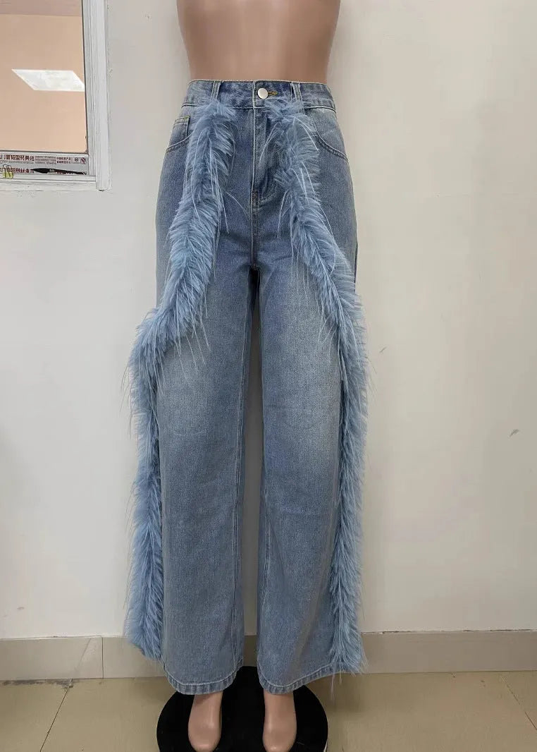 Italian Blue Tasseled Pockets Patchwork Denim Pants Fall