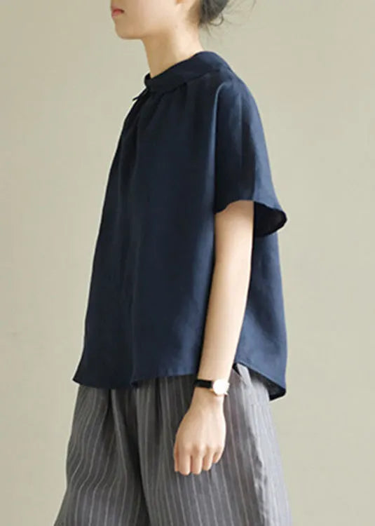Navy Blue Cozy Linen Shirt Short Sleeve