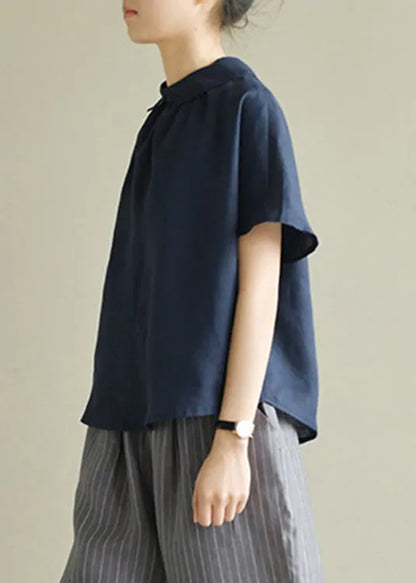 Navy Blue Cozy Linen Shirt Short Sleeve