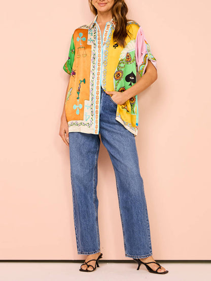 Summer Unique Funny Print Button Down Oversized Blouse