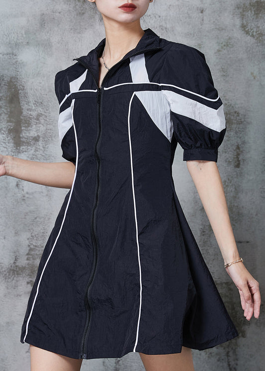 Black Zip Up Patchwork Spandex Sweatshirt Dresses Summer