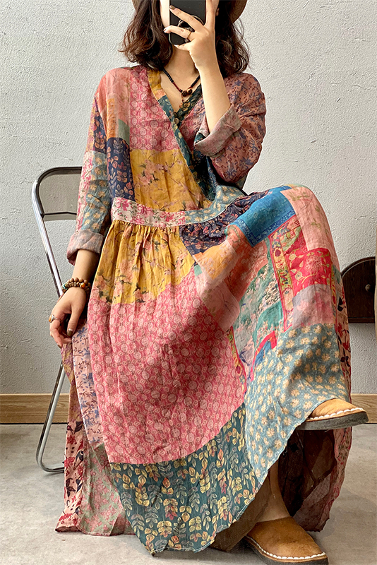 Summer Ramie Dress Patchwork Print Long Dress
