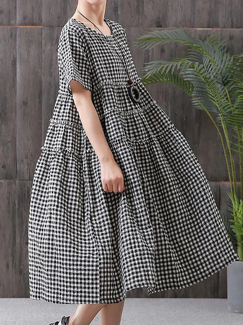 100%cotton Short Sleeve Plaid Dress
