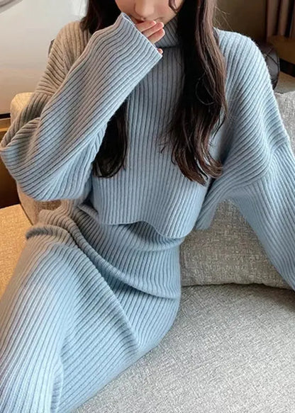 Pink Hign Neck Knit Two Pieces Set Winter