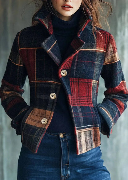 Stand Collar Pockets Button Plaid Woolen Coats Fall