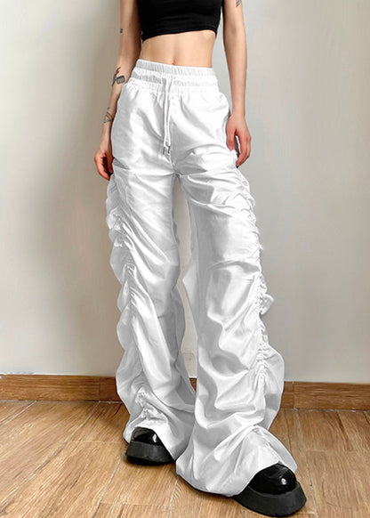 Black Elastic Waist Wrinkled Straight Pants Summer