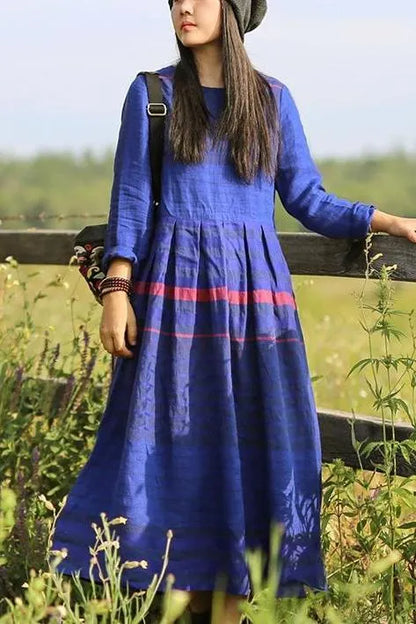 Loose Linen Blue Striped Dress