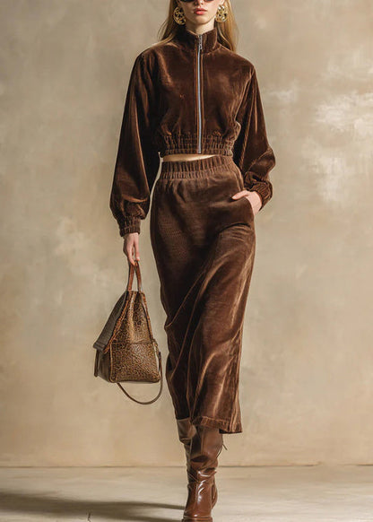Boutique Chocolate Zip Up Tops and Skirts Cotton Two Pieces Set Fall