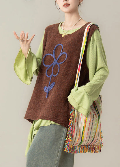 Art Green Asymmetrical T Shirts and Coffee Knit Vest Two Piece Set Flare Sleeve