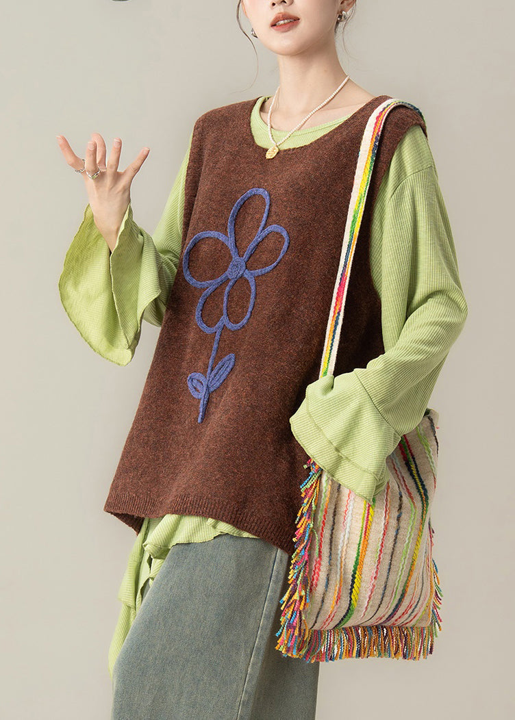 Art Green Asymmetrical T Shirts and Coffee Knit Vest Two Piece Set Flare Sleeve