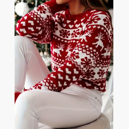 Comfortable Elegant Red Reindeer Snowflake Crew Neck Sweater