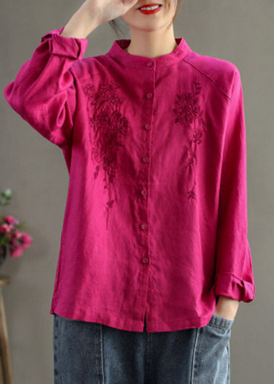 Chocolate Stand Collar Embroidered Button Linen Shirts Long Sleeve