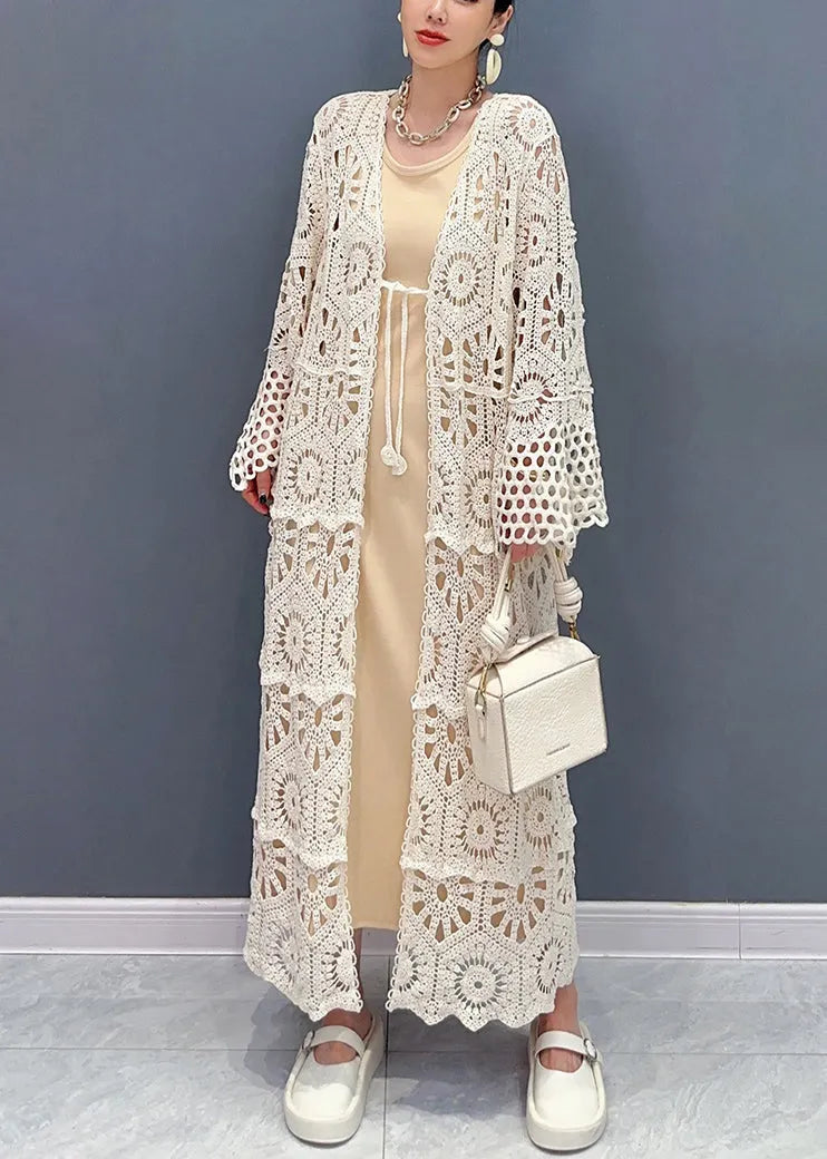 Apricot V Neck Hollow Out Long Lace Cardigan Fall