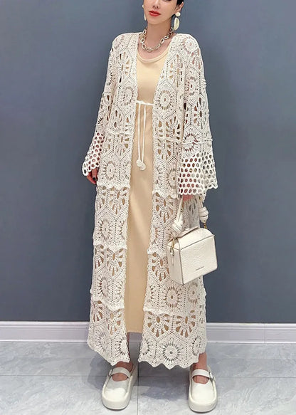 Apricot V Neck Hollow Out Long Lace Cardigan Fall