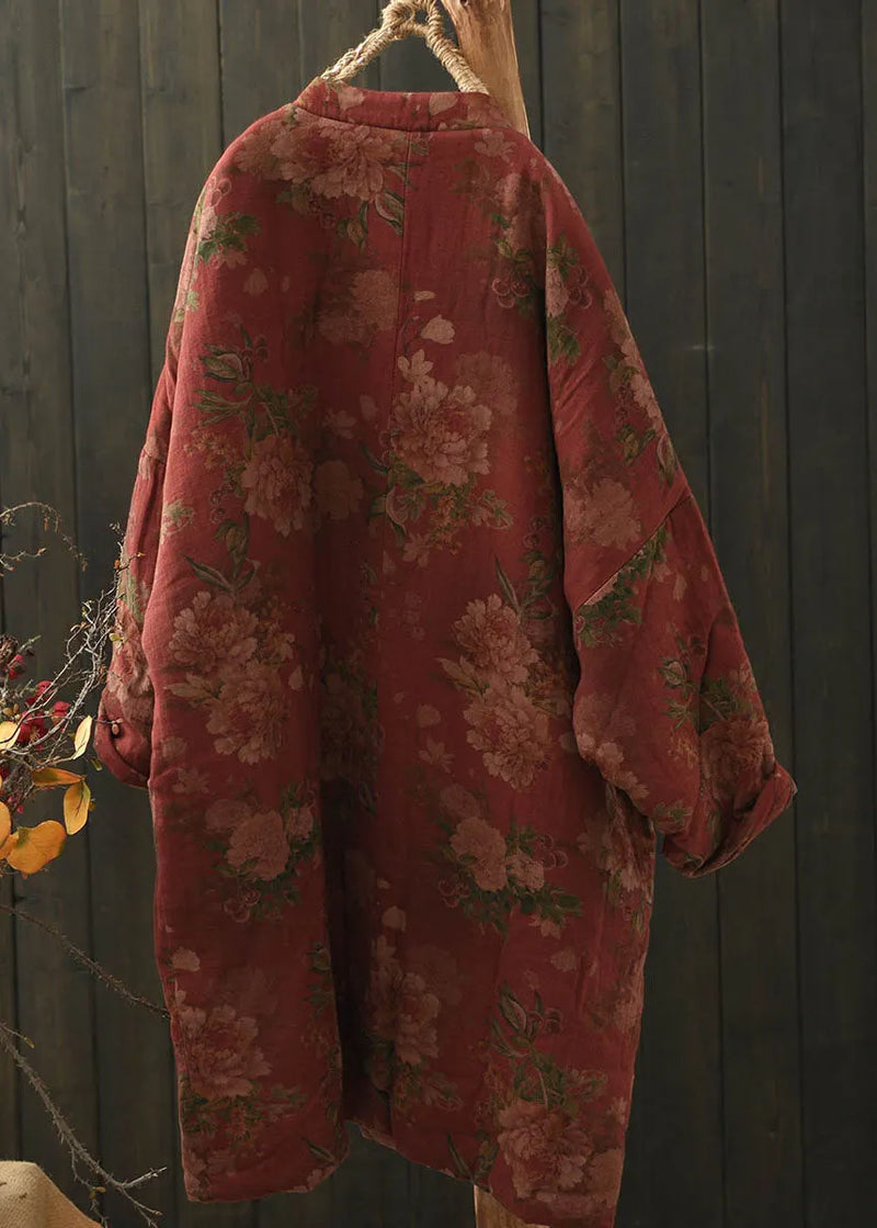 Red Pockets Print Oriental Button Fine Cotton Filled Coat Winter