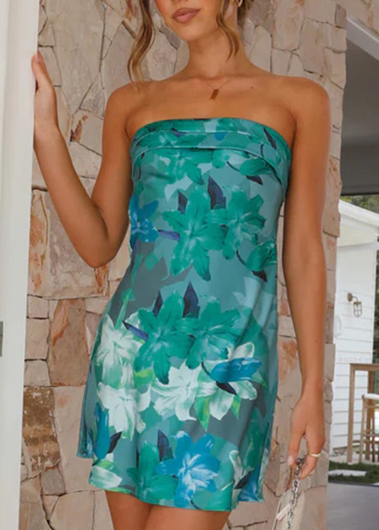 French Pink Strapless Print Cotton Short Dress Summer