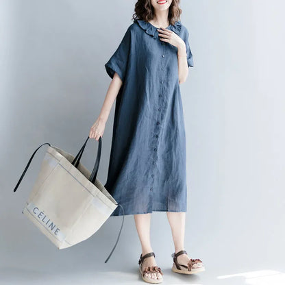 Navy Cotton Linen Dress Dress Fine Short Sleeve Patchwork Peter Pan Collar Pockets Cotton Linen Dresses