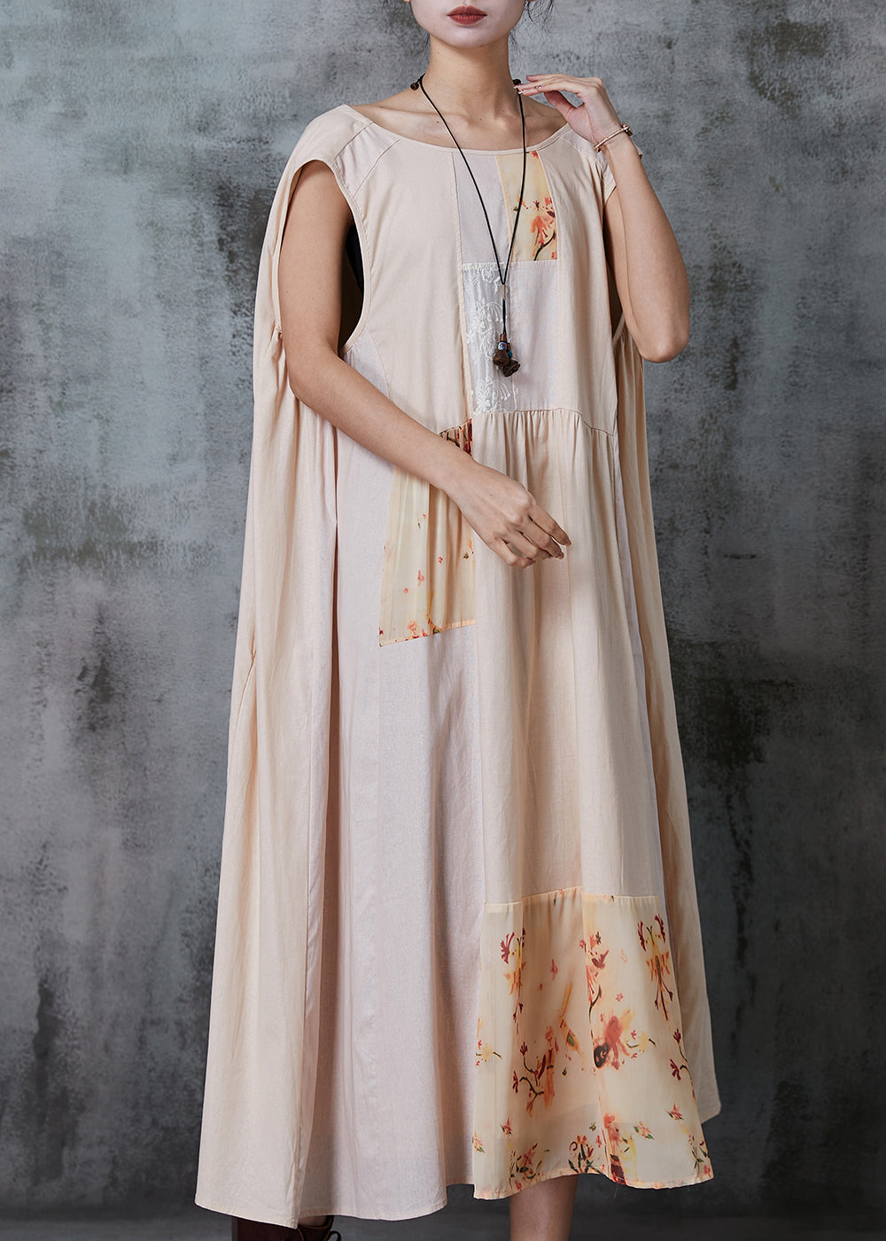 Khaki Oversized Patchwork Cotton Dress Summer