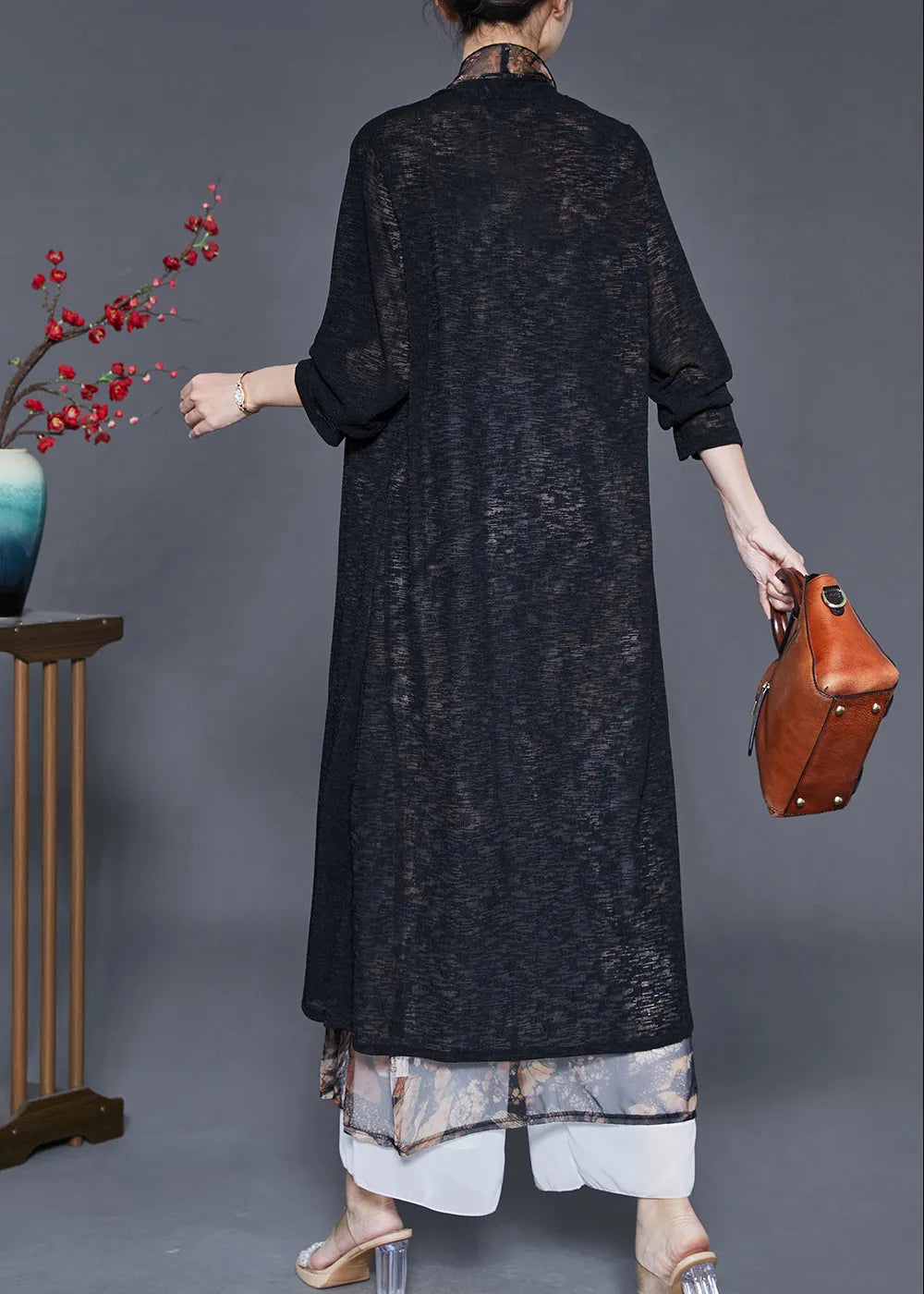 Black Oversized Patchwork Silk Long Cardigan Summer