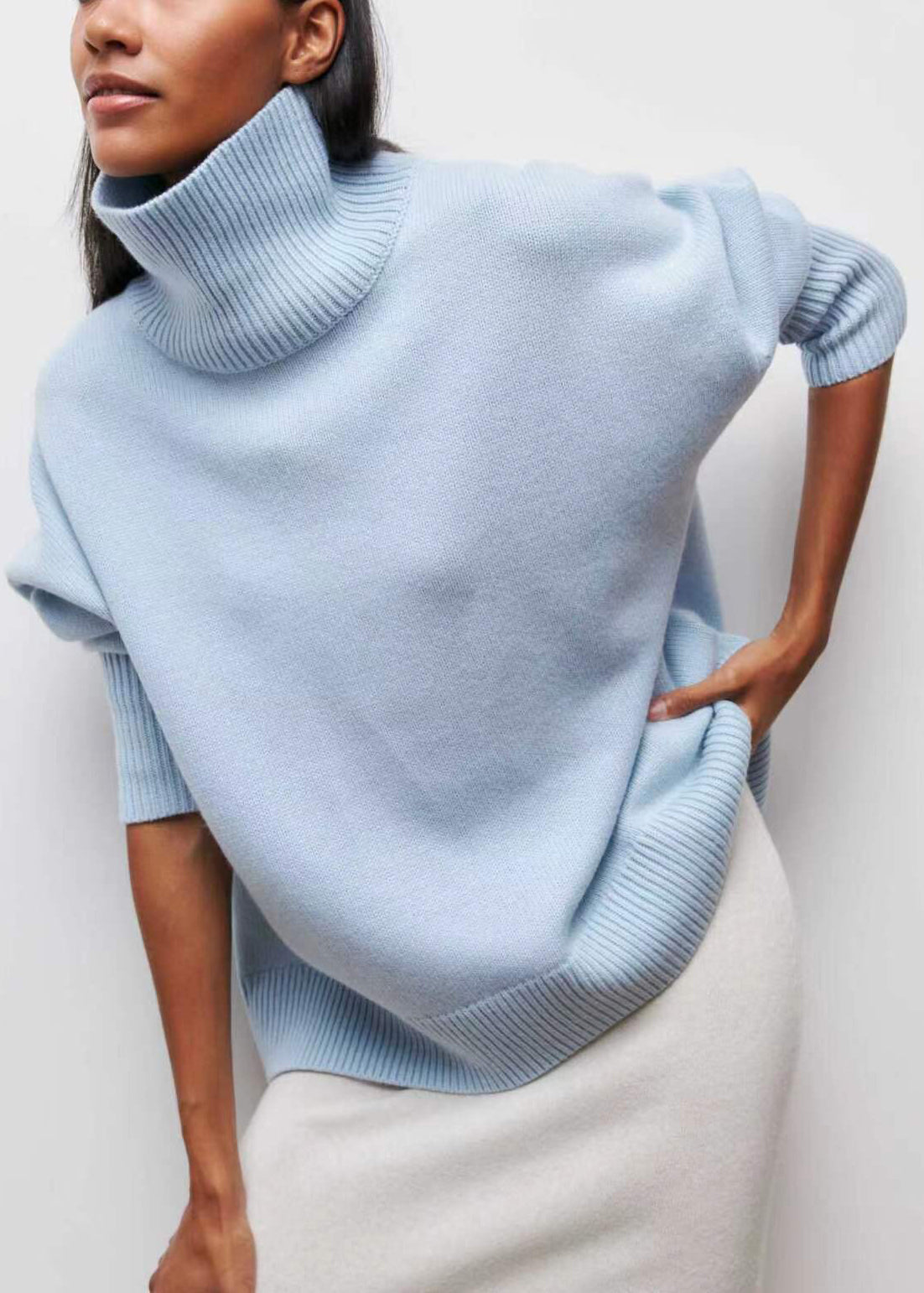 Simple Blue Turtleneck Knit Sweaters Spring