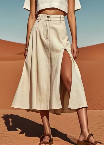 Beige Side Open High Waist Linen Skirt Summer
