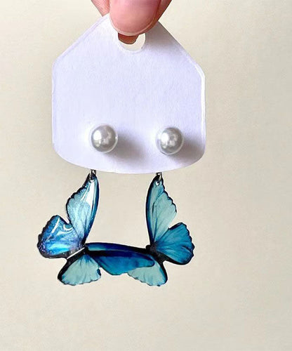 Blue Copper Alloy Pearl Butterfly Drop Earrings