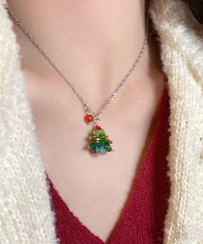 Green Stainless Steel Crystal Christmas Tree Pendant Necklace