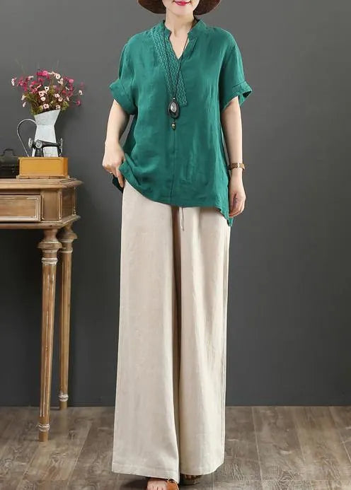 Diy V Neck Cotton Linen Summer Clothes Green Silhouette Top
