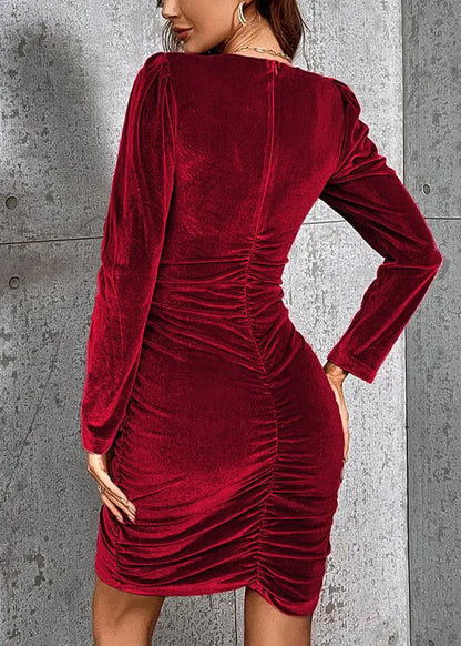 Mulberry V Neck Wrinkled Slim Fit Velvet Dress Fall
